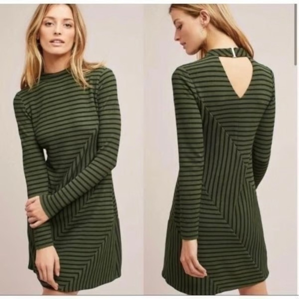 Anthropologie Hutch Mini Dress XS Army Olive High Neck Striped Patchwork Knit